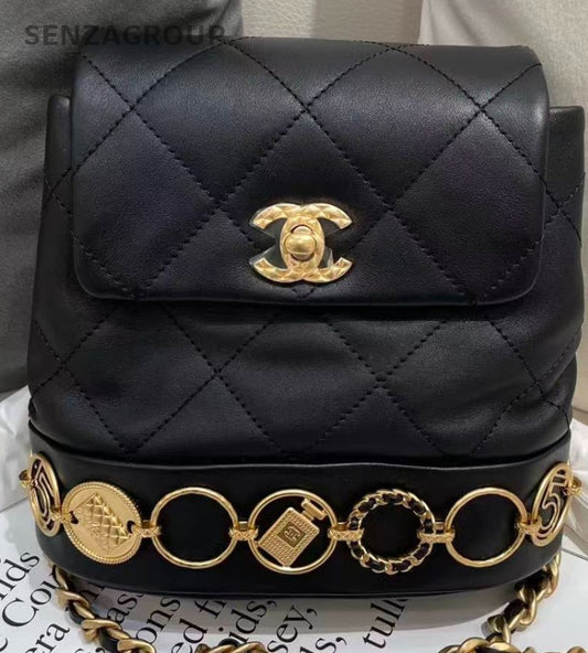 Chanel Calfskin Chain Gold Coin Backpack Black Diamond Used Women Classic