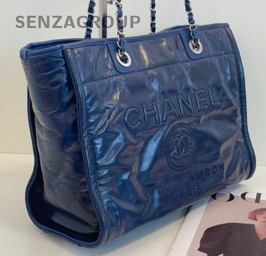Chanel Calfskin Tote Chain Shoulder Bag Blue Silver Used Women Classic