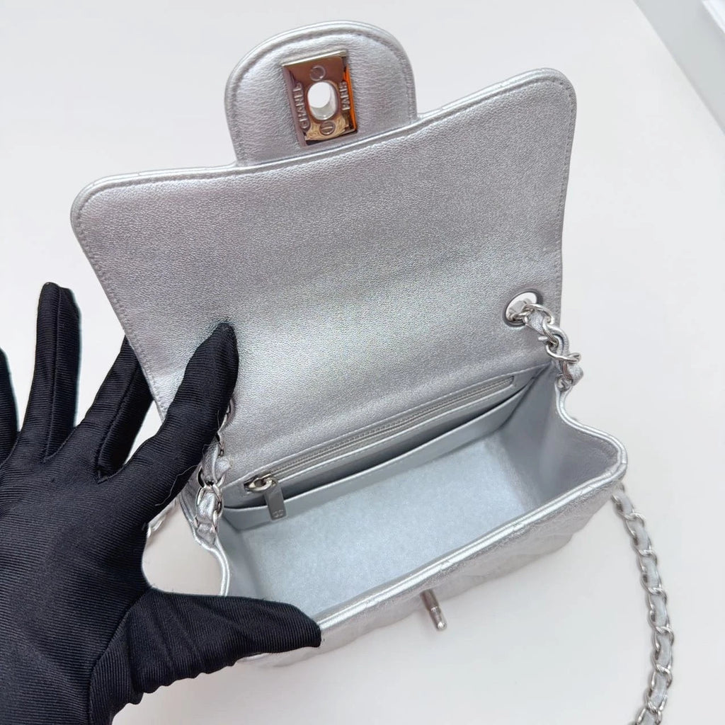 Chanel Classic Flap Mini Lambskin Silver Diamond Chain Shoulder Bag Crossbody