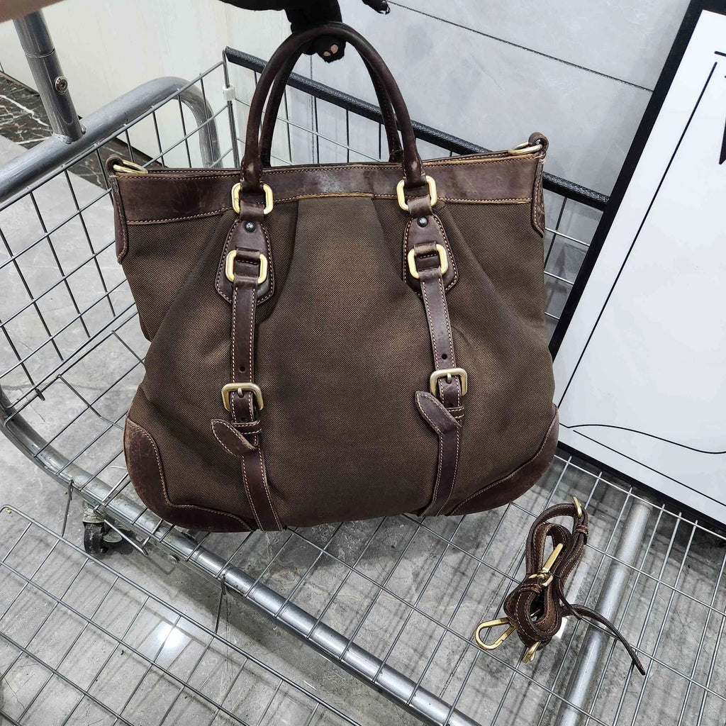 PRADA Dark Brown Canvas Tote Shoulder Crossbody Handbag Women