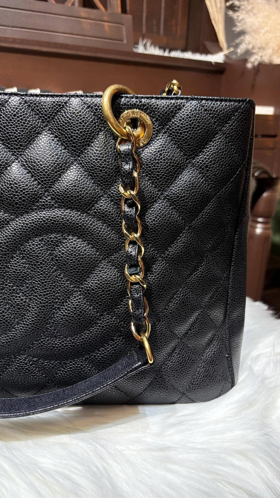CHANEL GST Black Gold Leather Shoulder Handbag Tote For Women