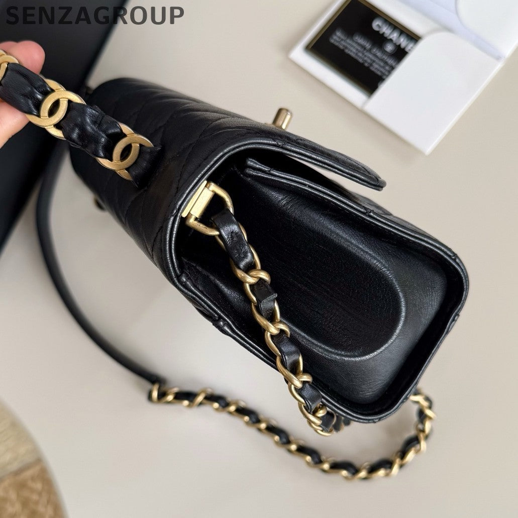 Chanel Kelly Diamond Chain Top Handle Crossbody Black Gold Women Classic