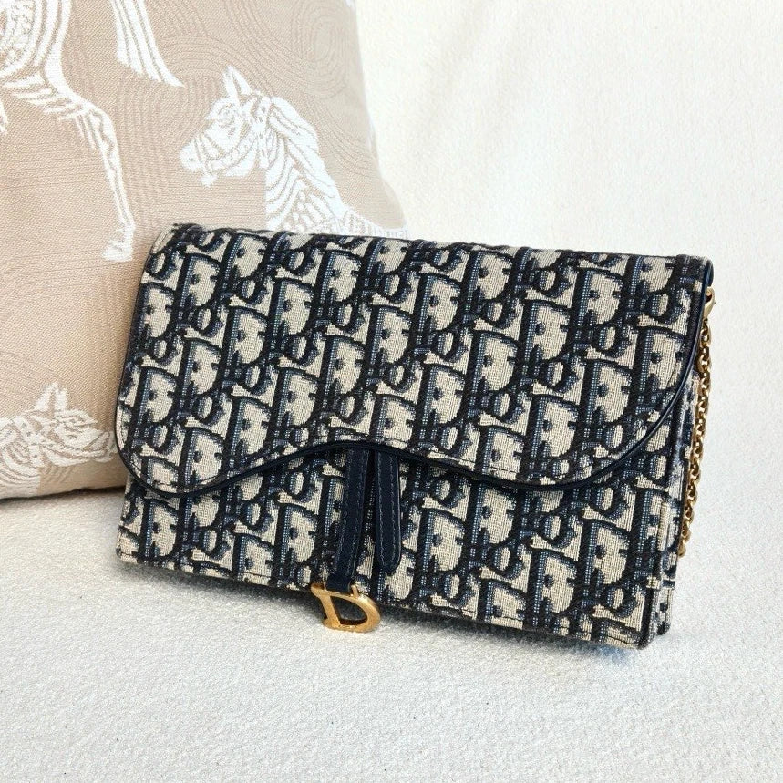 Christian Dior WOC Oblique GM Chain Shoulder Crossbody Blue Gold Women Classic