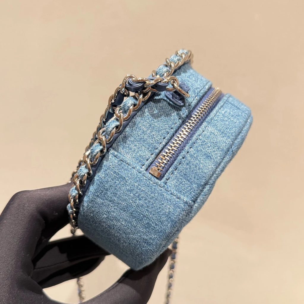 Chanel Denim Round Bag Chain Crossbody Blue Gold Diamond Women Classic
