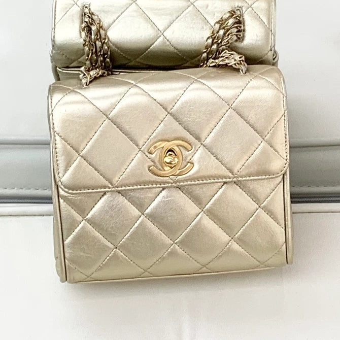Chanel Lambskin Chain Top Handle Bag Diamond Gold Women Classic S