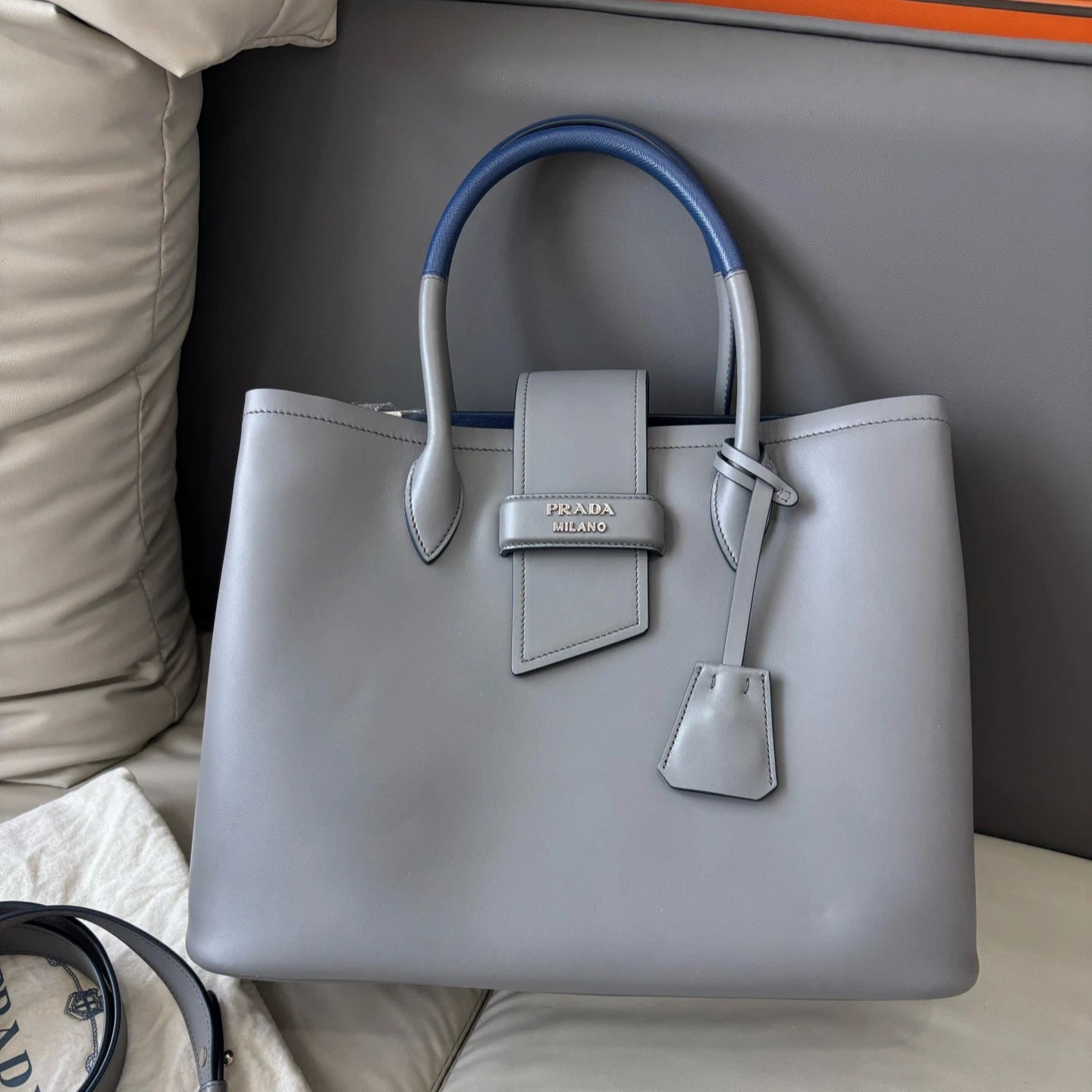 Prada Double Bag Calfskin Top Handle Shoulder Bag Gray Silver Women Classic