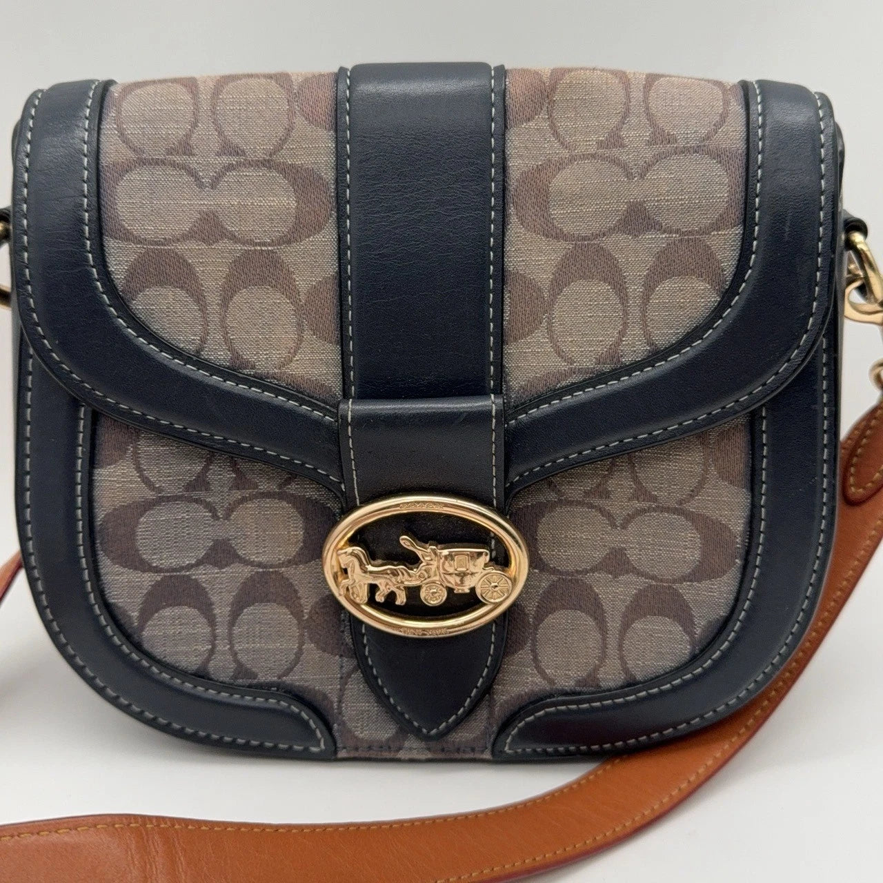 Coach Navy Signature Canvas Saddle Shoulder Crossbody Bag For Women