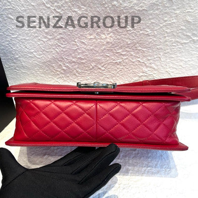 Chanel Medium Le Boy Red Silver Quilted Chain Shoulder Bag Classic Women
