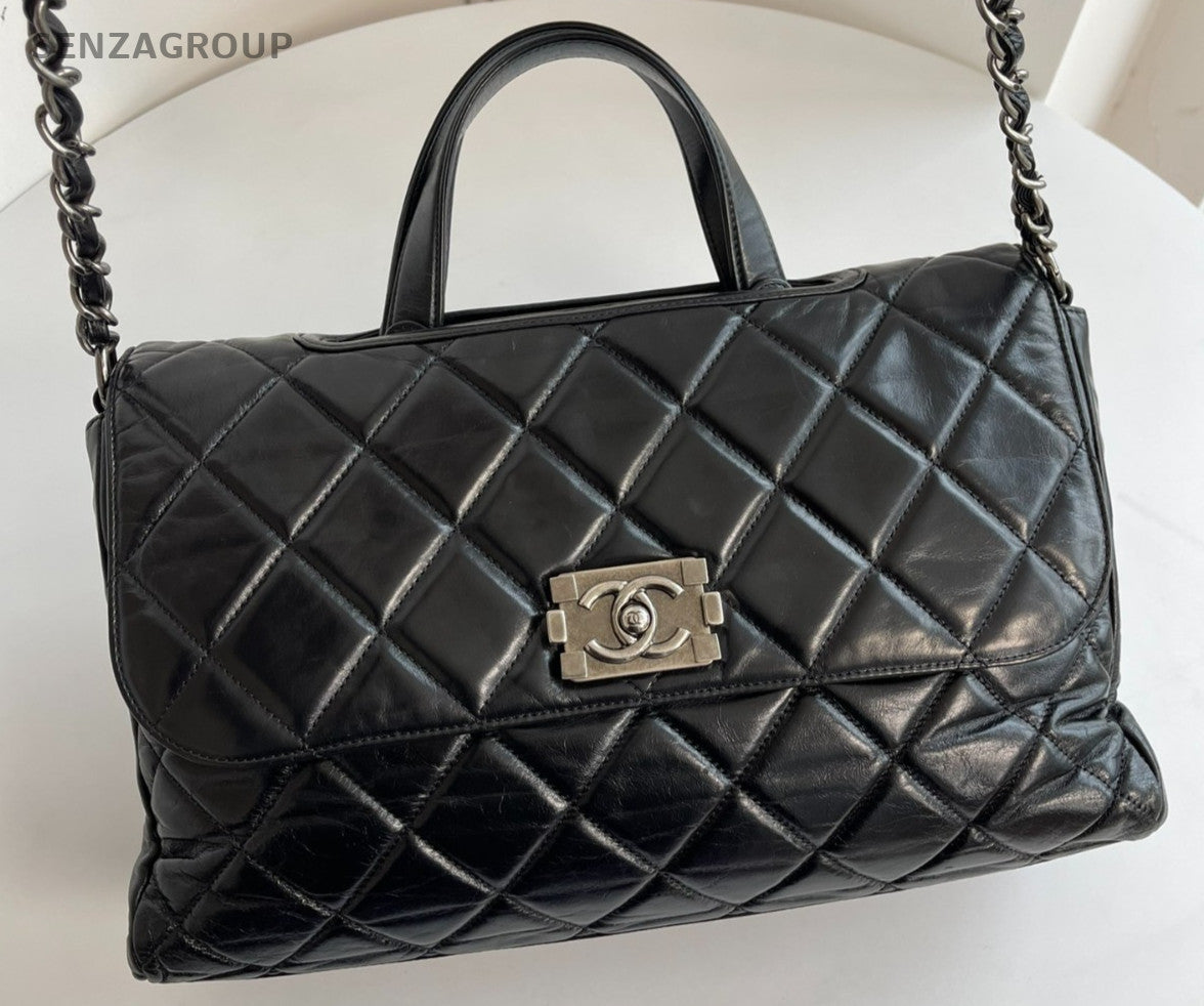 CHANEL Briefcase Top Handle Oil waxed leather Chain Shoulder Handbag Women Black