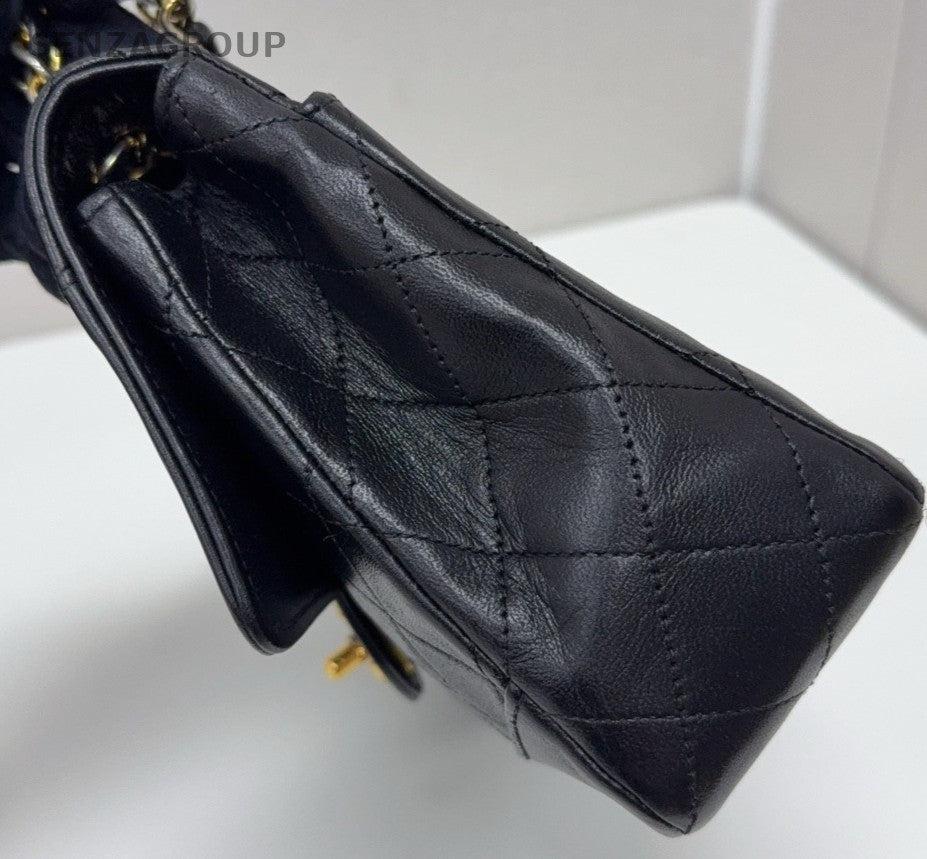 Chanel Vintage PM Classic Flap Mini Chain Shoulder Crossbody Bag Black Gold