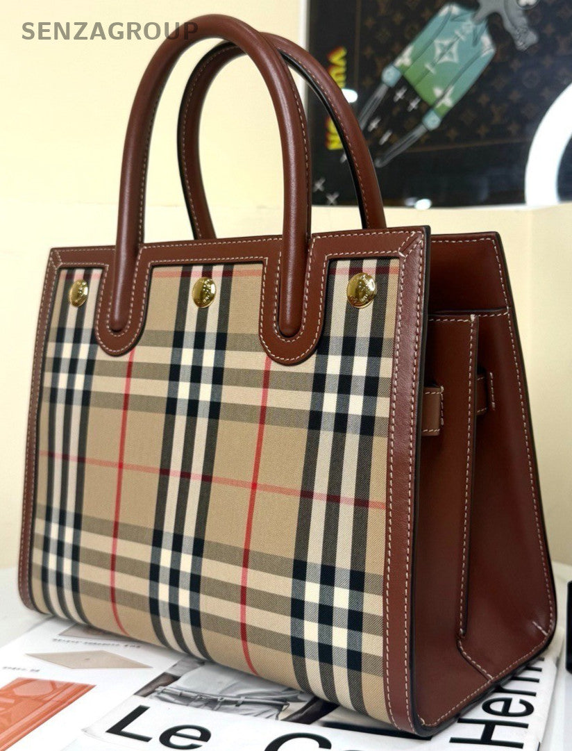 Burberry Title 2Way Tope Handle Bag Crossbody Red Beige Gold Women Classic