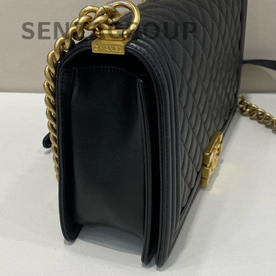 Chanel Le Boy Large Black Gold Quilted Leather Chain Shoulder Bag