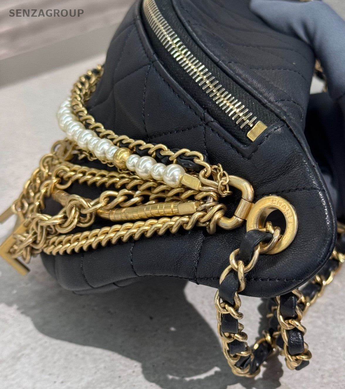 Chanel Egypt Pearl Waist Pouch Shoulder Bag Black Gold Used Women Classic