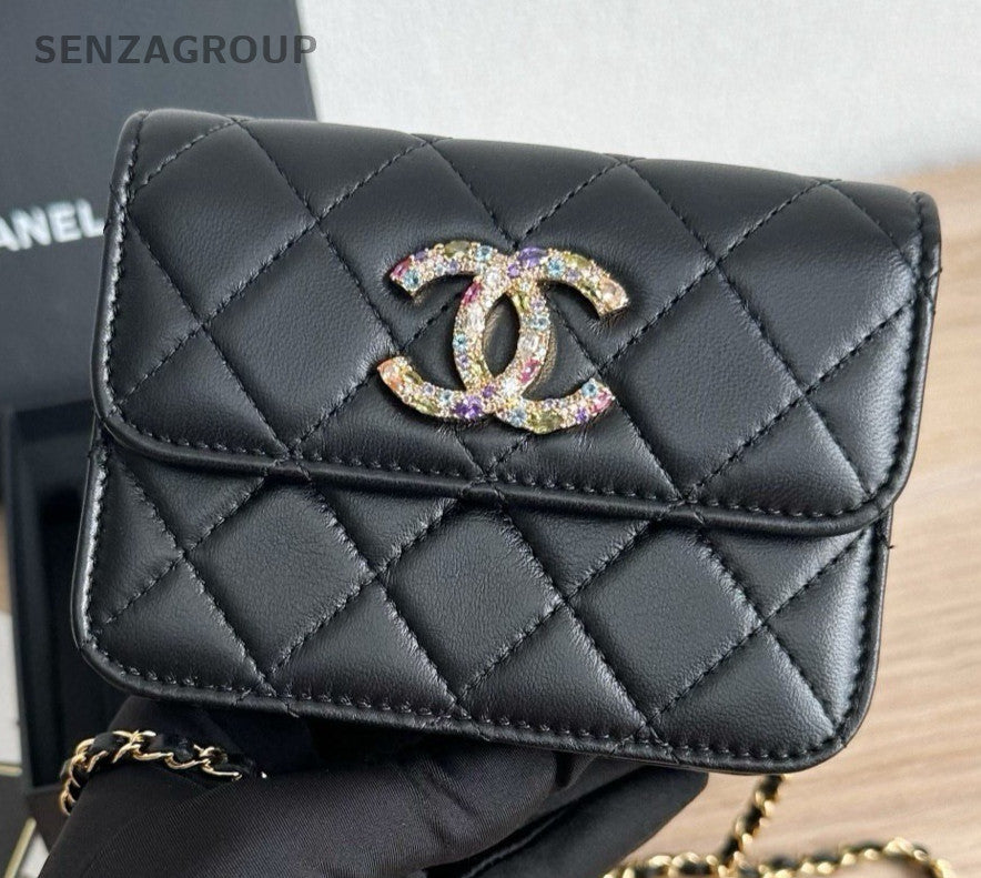 Chanel WOC Mini Lambskin Chain Shoulder Bag Crossbody Black Gold Women Classic