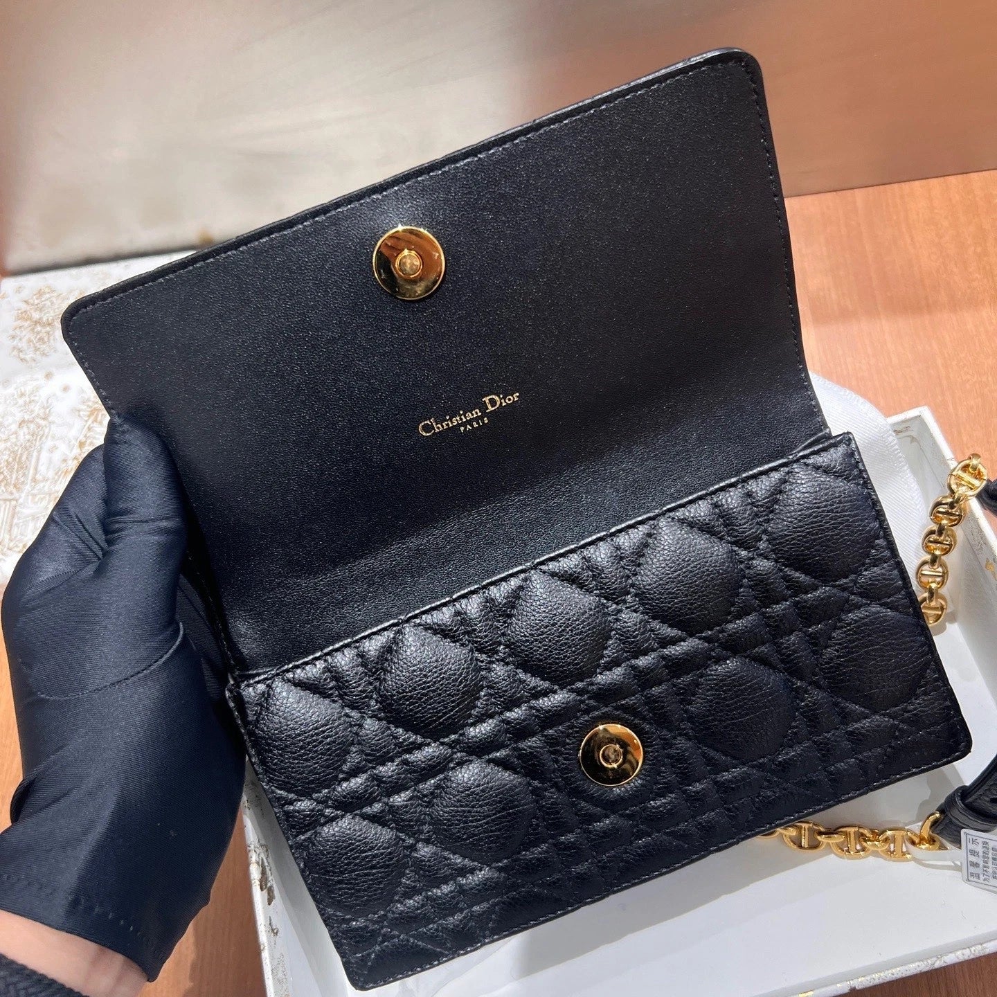 Excellent Christian Dior Caro Calfskin Long Black Wallet Chain Shoulder Bag GHW
