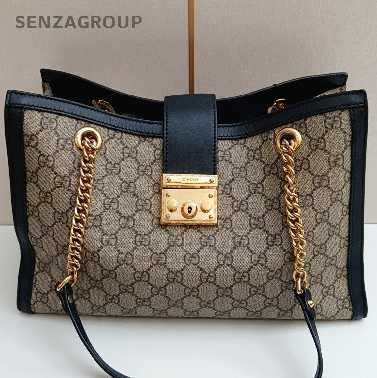 Gucci Padlock MM Chain Shoulder Bag Beige Black Gold Women Classic Fashion