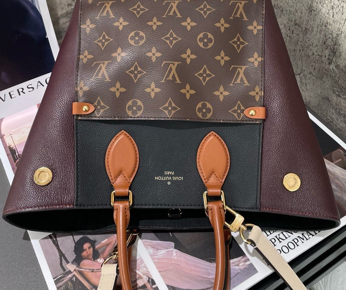 Louis Vuitton Fold Tote MM Monogram Top Handle Bag Brown Gold Women Classic