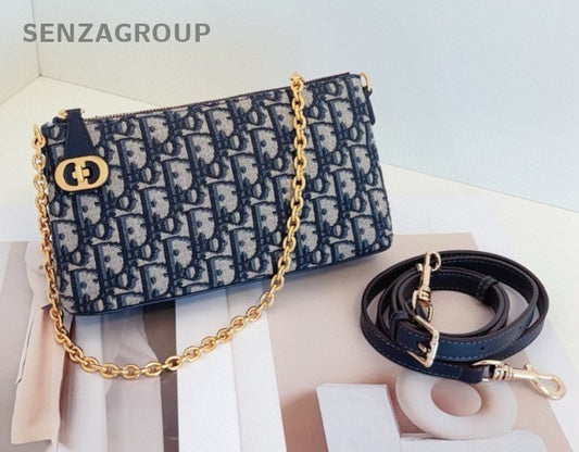 Christian Dior 30Montaigne Oblique Chain Shoulder Bag Black Gold Women Classic