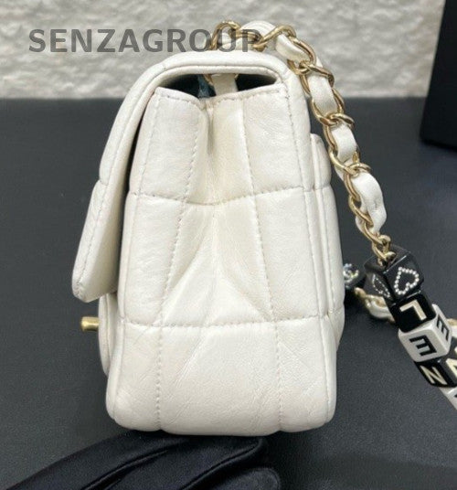 Chanel Diamond Chain Shoulder Bag Crossbody White Gold Women Classic