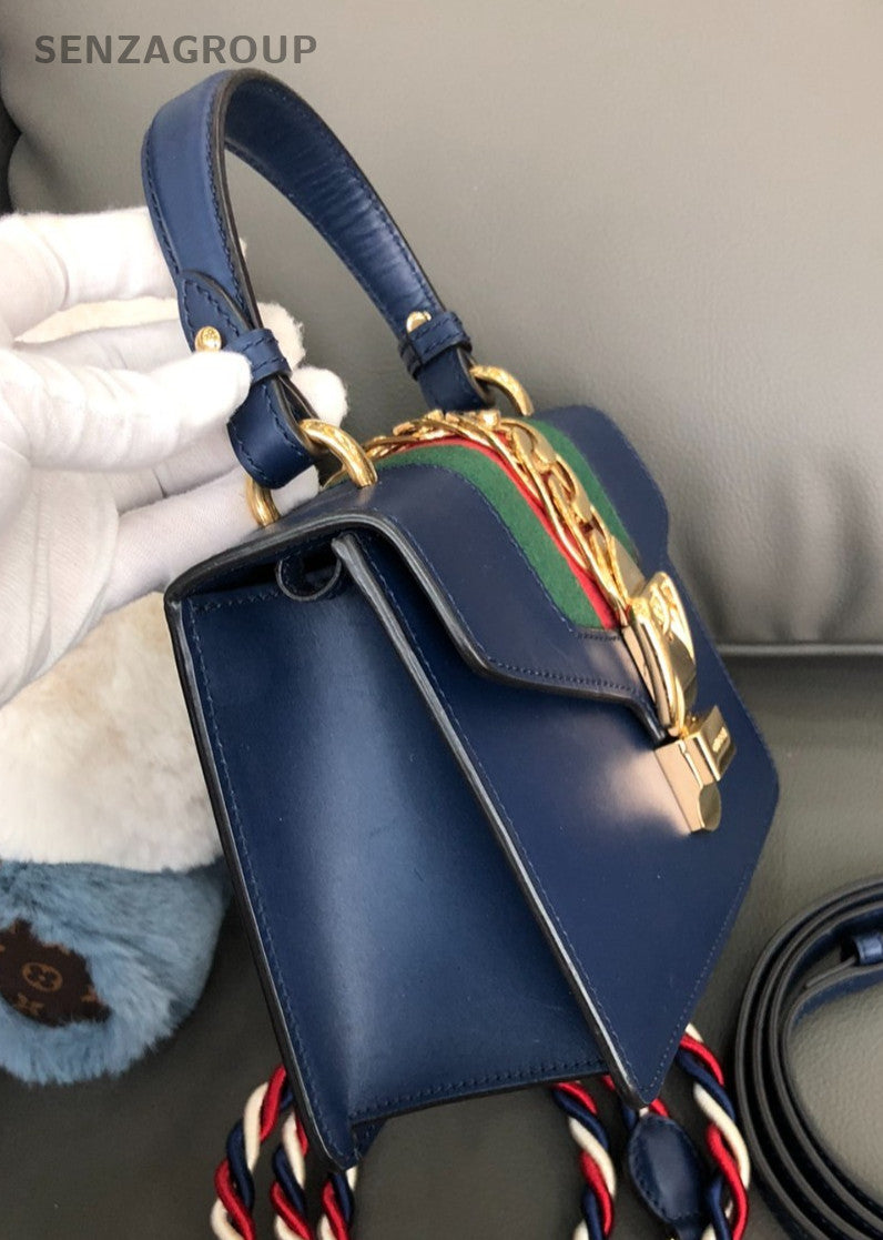 GUCCI Sylvie PM Top Handle 2way Shoulder Handbag Women Crossbody Blue and gold