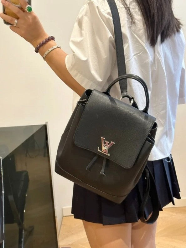 Louis Vuitton Lock me Backpack PM All Leather Black Silver Shoulder Handbag