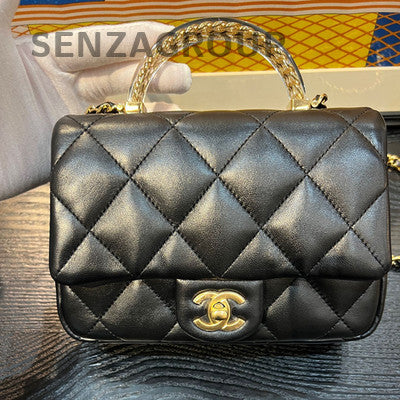 Chanel Black Quilted Lambskin Mini Square Flap Bag Gold Chain