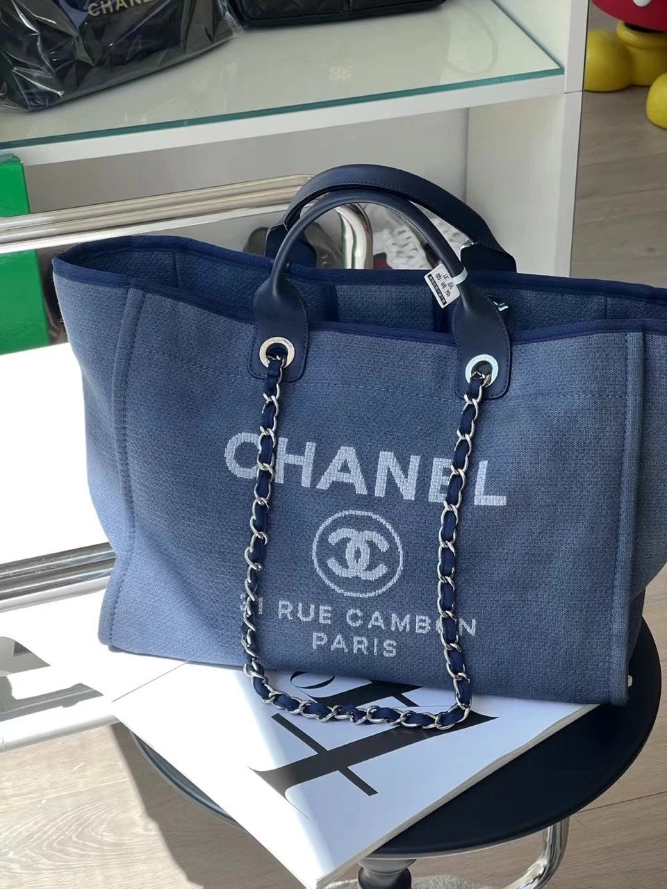 CHANEL Large Blue Beach Tote Bag For Women Travel Commute