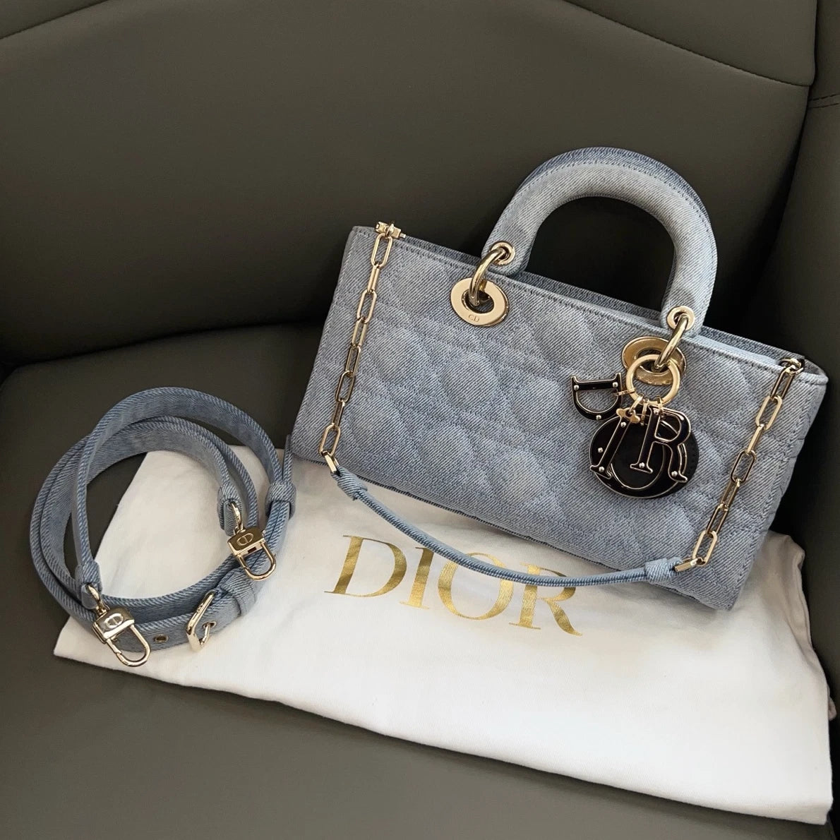 Excellent Christian Dior D-Joy PM Denim Blue Handbag Crossbody Gold Hardware