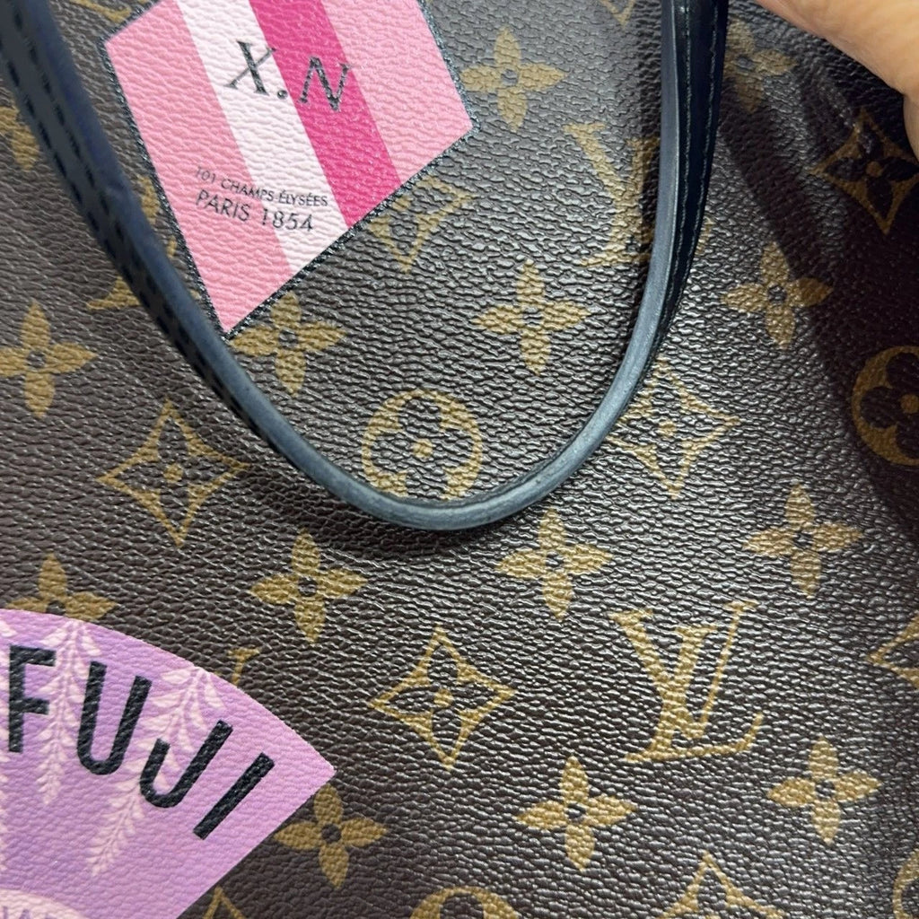 Louis Vuitton Neverfull Monogram Canvas Black Leather Tote Shoulder Bag
