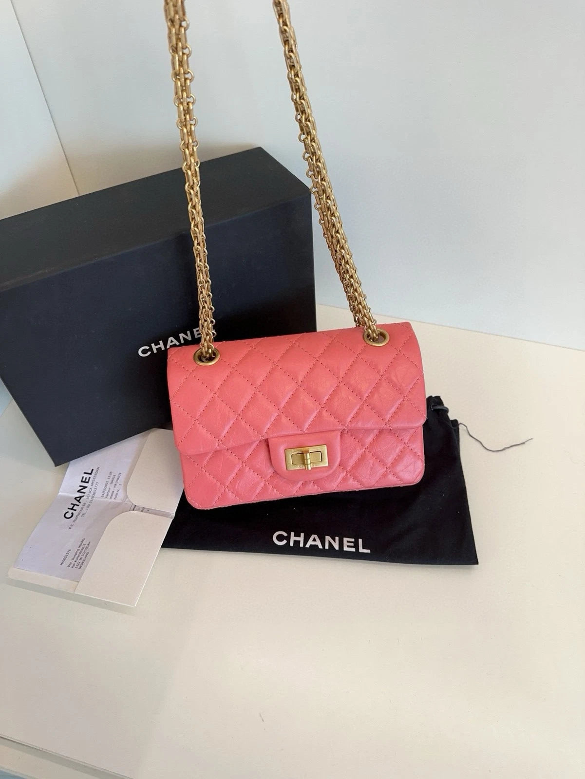 Chanel 2.55 Large Mini Peach Pink Gold Leather Crossbody Women