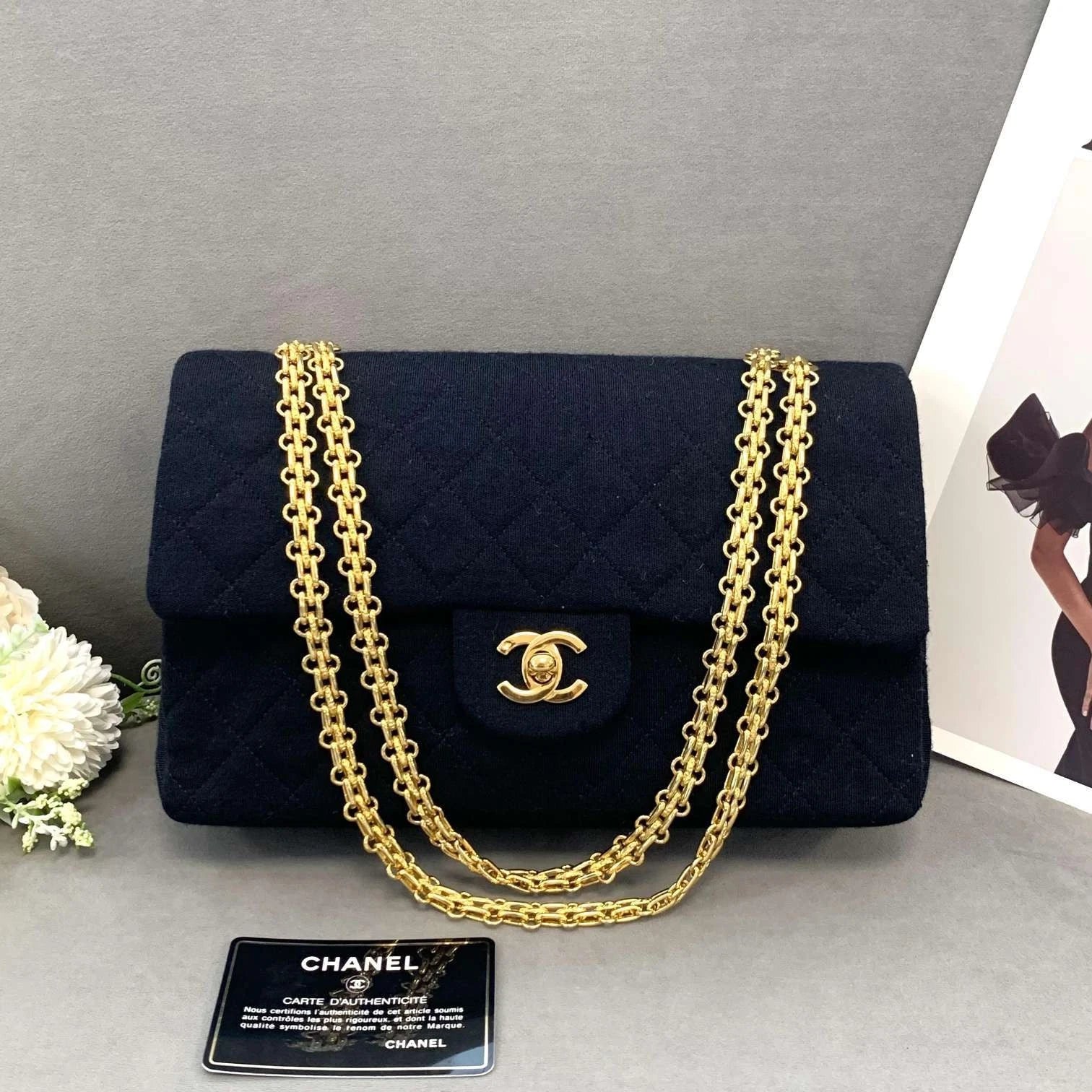 CHANEL Black Gold Canvas CF Chain Shoulder Bag For Women