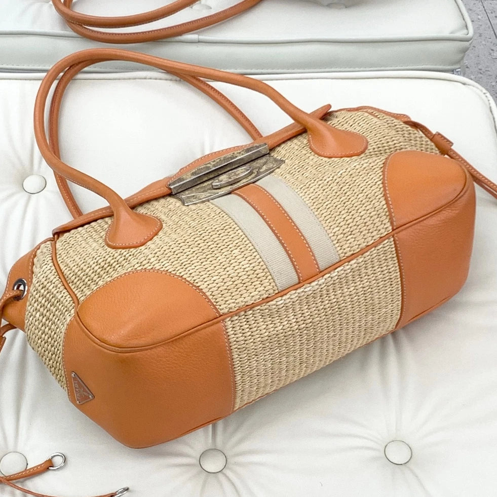 Prada Calfskin 2Ways Top Handle Shoulder Bag Orange Women Classic S