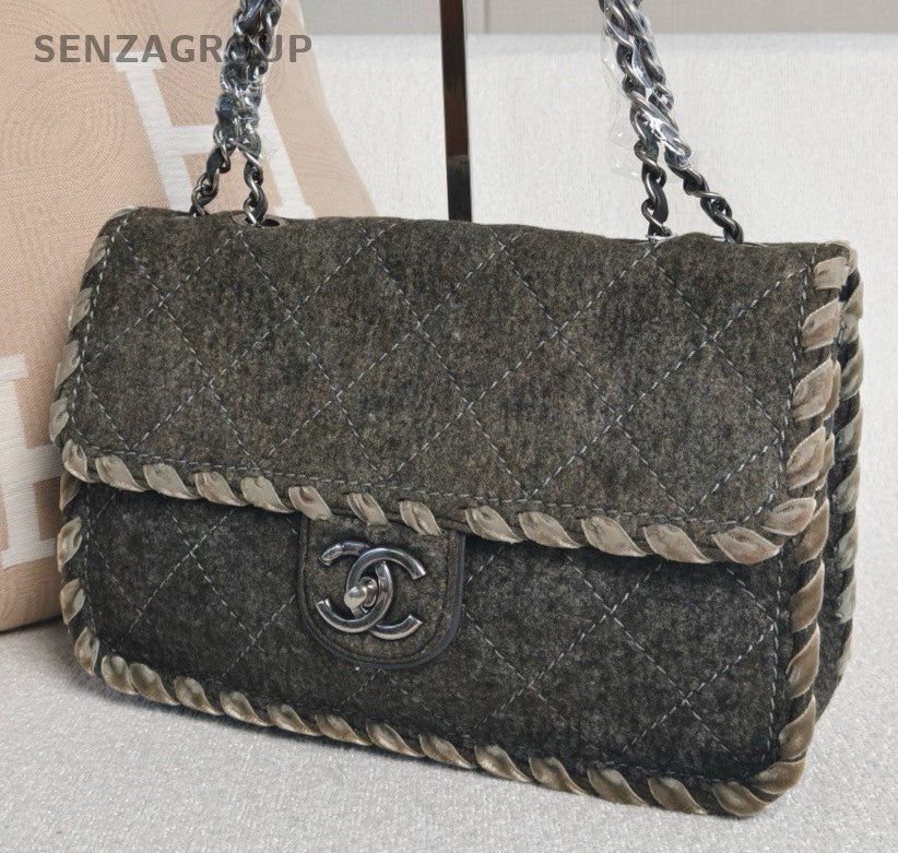 Chanel Classic Flap Velvet Woven Chain Shoulder Bag Crossbody Black Silver Women