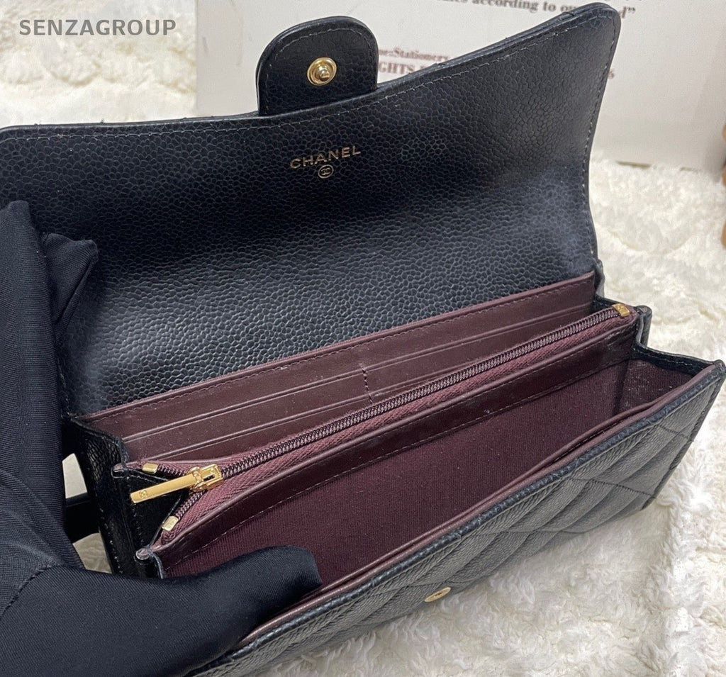 Chanel Classic Flap Clutch Diamond Long Wallet Black Gold Women Designer