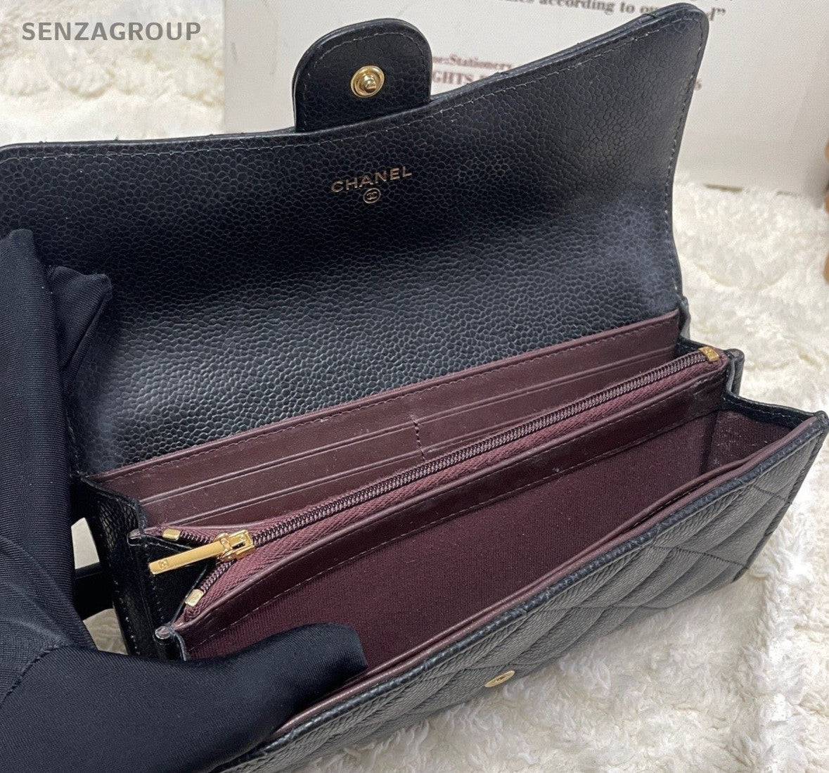 Chanel Classic Flap Clutch Diamond Long Wallet Black Gold Women Designer