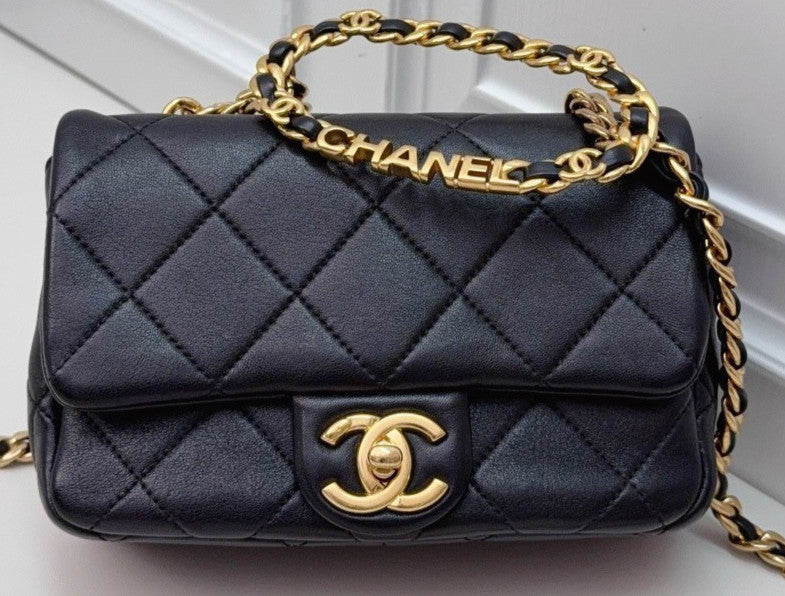Chanel PM Chain Shoulder Bag Crossbody Black Gold Diamond Women Classic