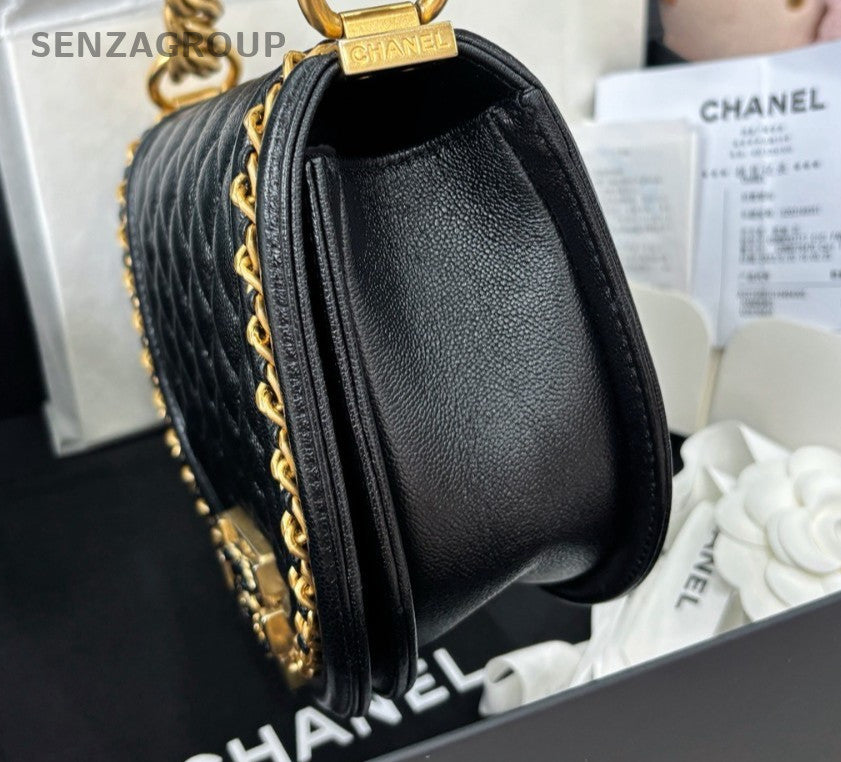 Chanel Leboy Calfskin Chain Shoulder Bag Black Gold Diamond Women Classic