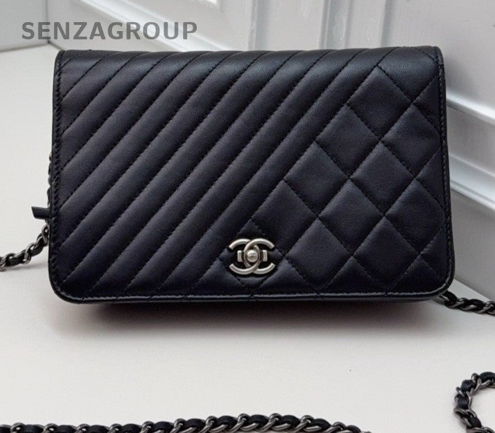 Chanel WOC Lambskin Chain Shoulder Bag Crossbody Black Silver Used Women Classic