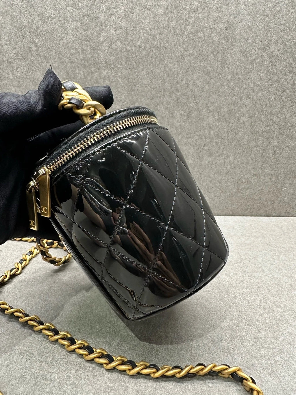 Chanel Black Patent Leather Mini Bucket Cosmetic Bag For Women