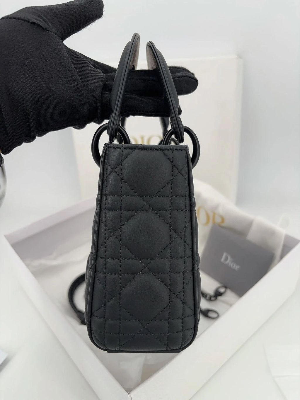 Dior Matte Black Leather 3-Grid Lady Dior Handbag For Women