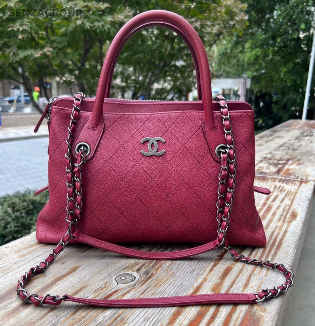 CHANEL Diamond pattern Top Handle 2way Shoulder Handbag Red Silver Women