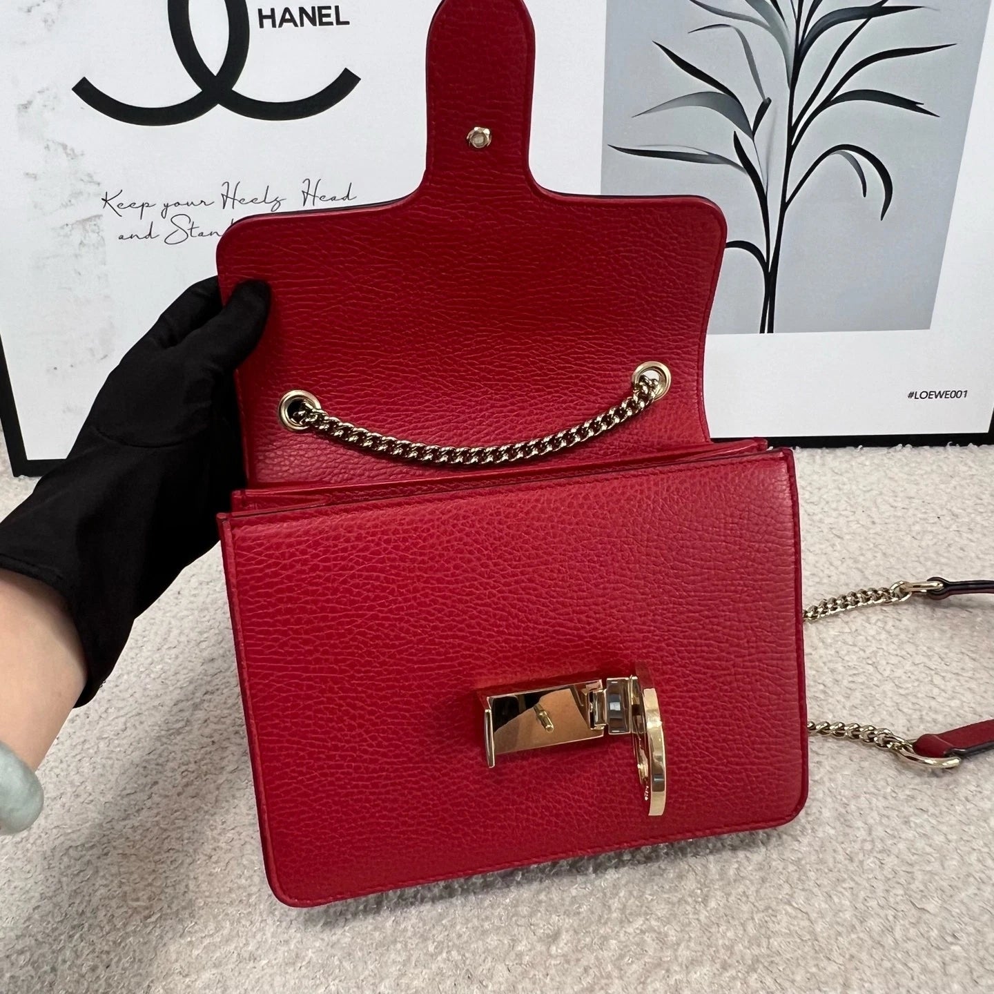 Gucci Red Double G Gold Buckle Accordion Chain Shoulder Bag Women