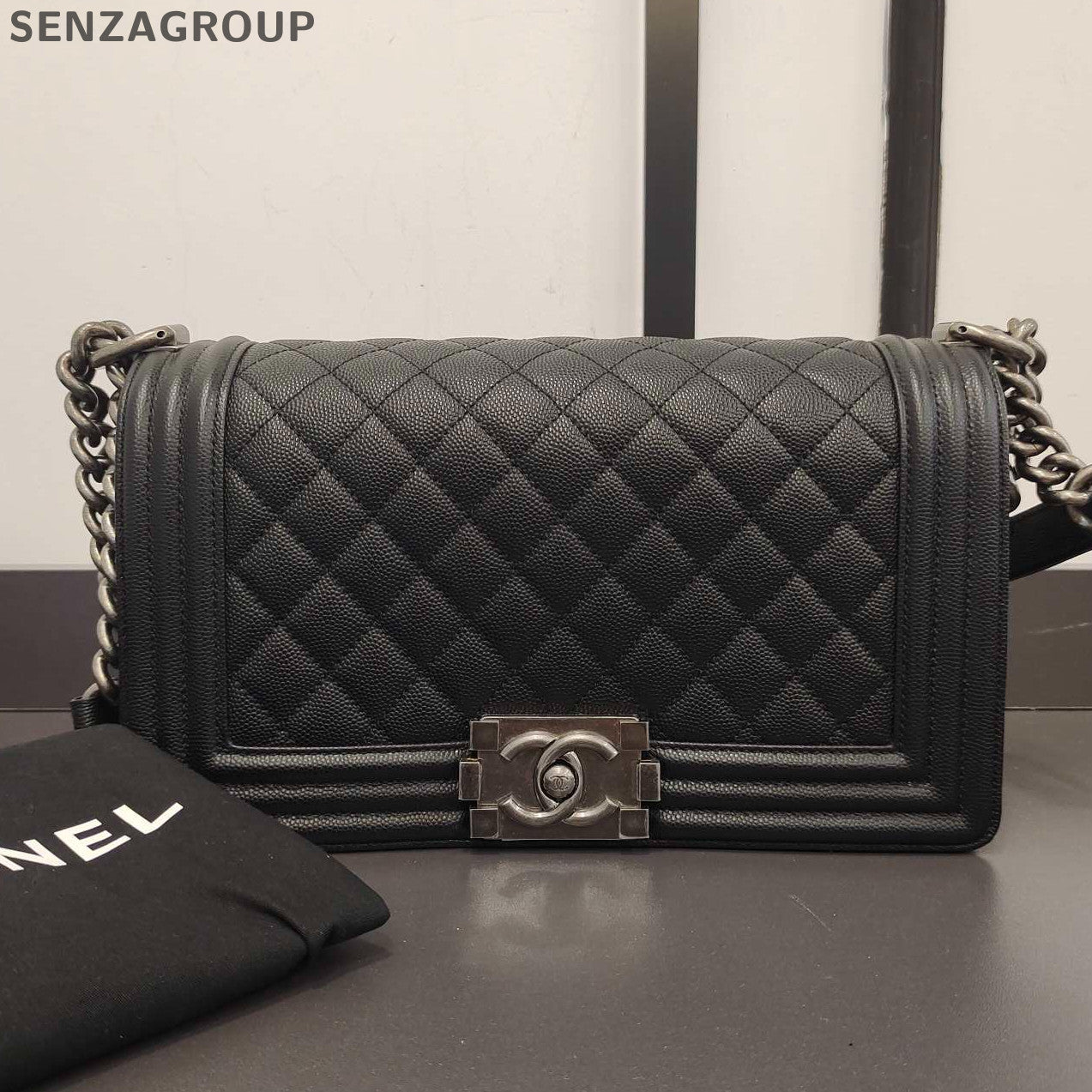 Chanel Le Boy Medium Black Silver Calfskin Chain Shoulder Bag Classic