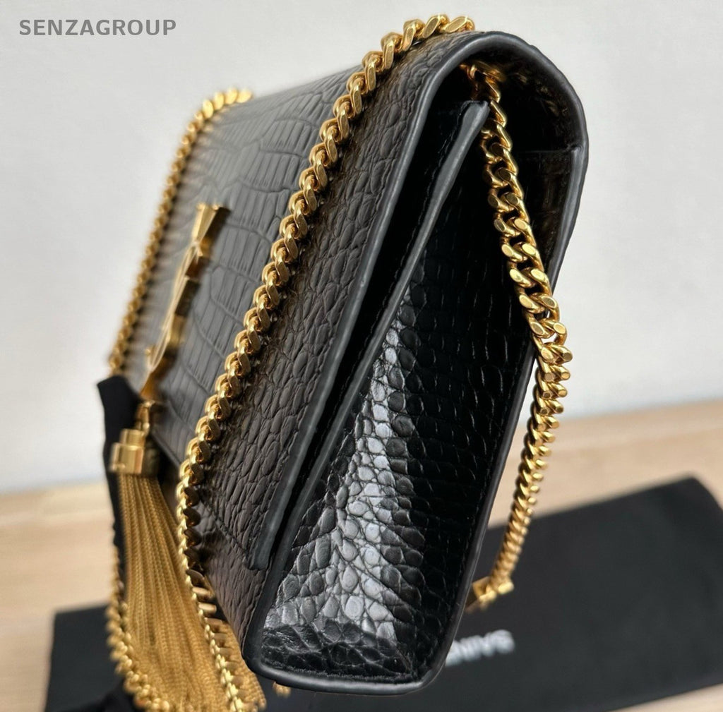 Saint Laurent Kate MM Tassel Chain Shoulder Bag Black Gold Women Classic Fashion