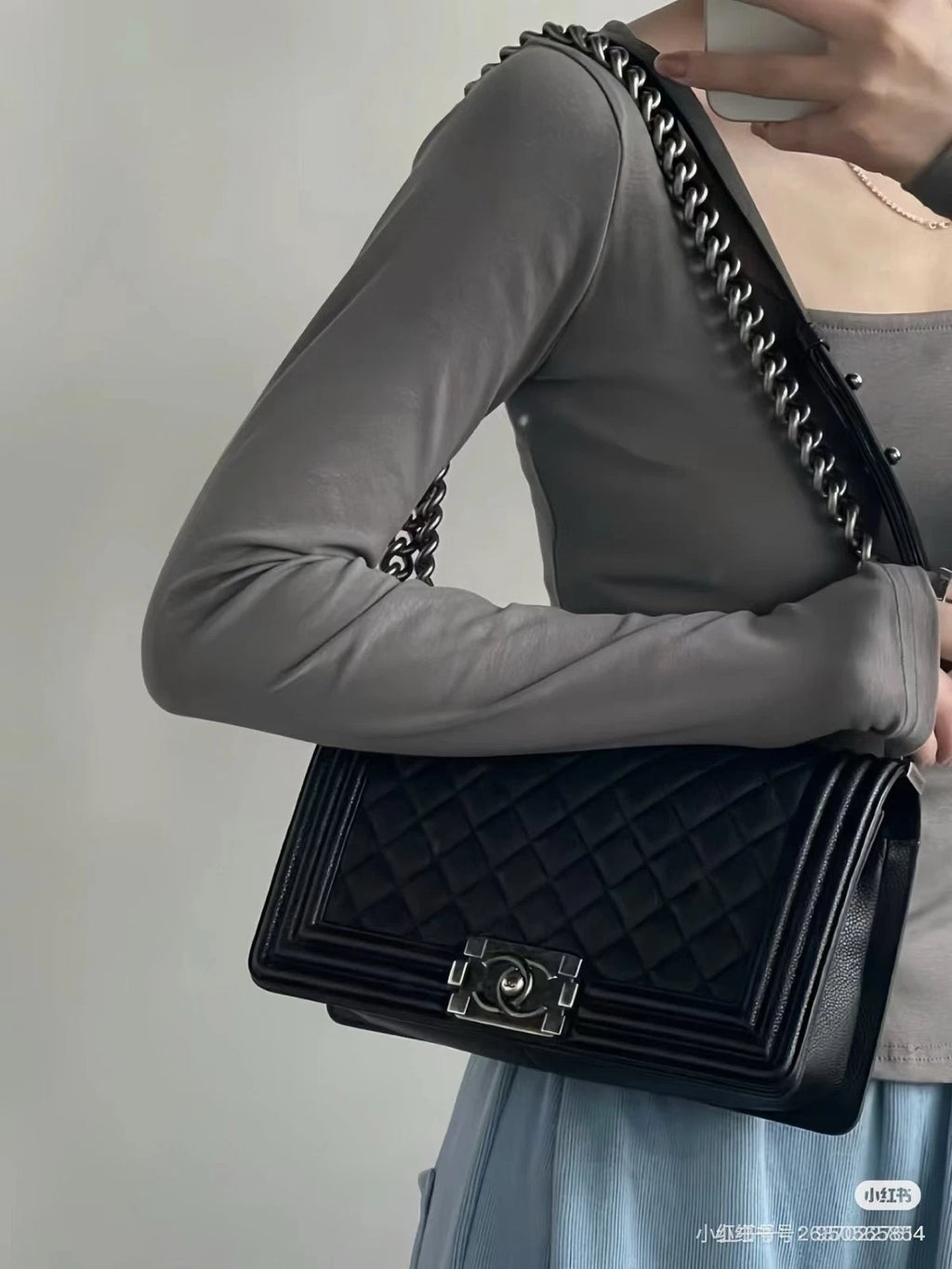 Chanel Leboy MM Calfskin Chain Shoulder Crossbody Black Silver Women Classic