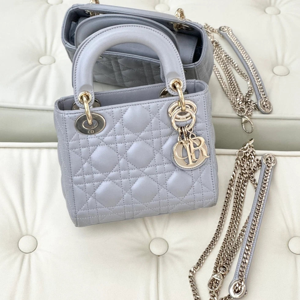 Dior Lady Dior Gray Top Handle Chain Bag Excellent