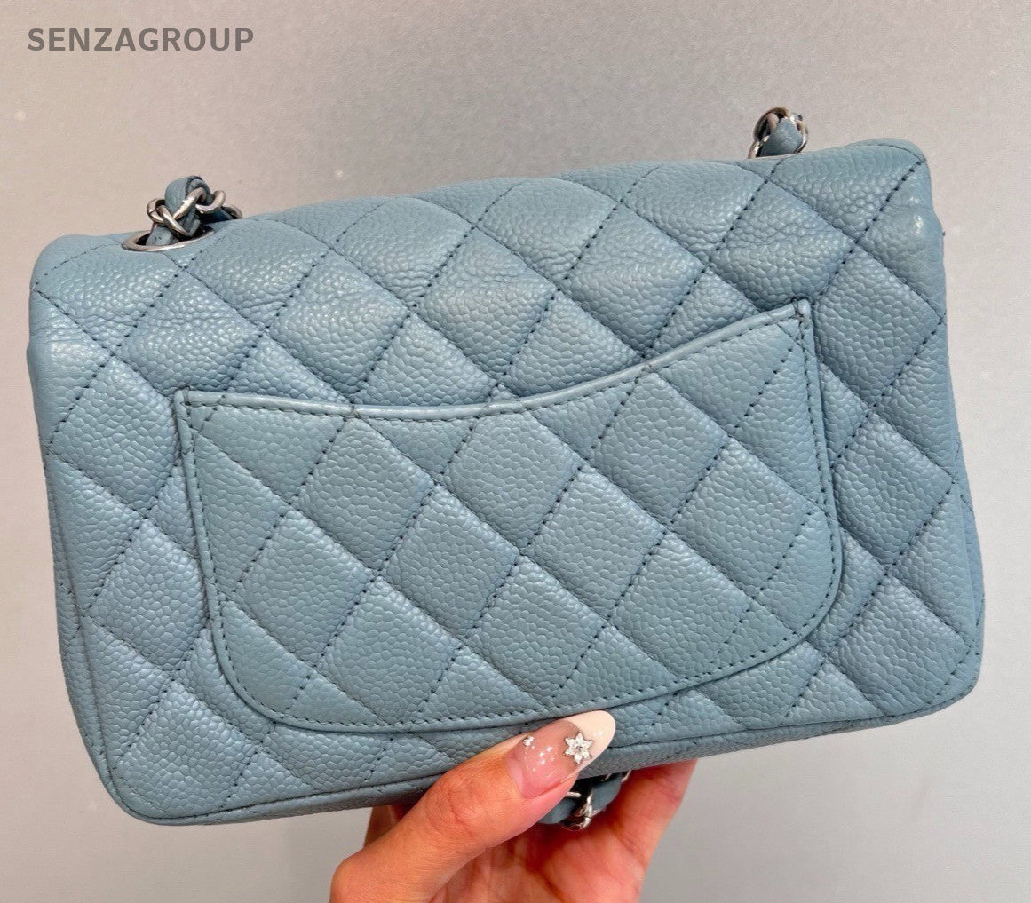 Chanel Classic Flap Mini Calfskin Chain Shoulder Bag Crossbody Blue Silver Women
