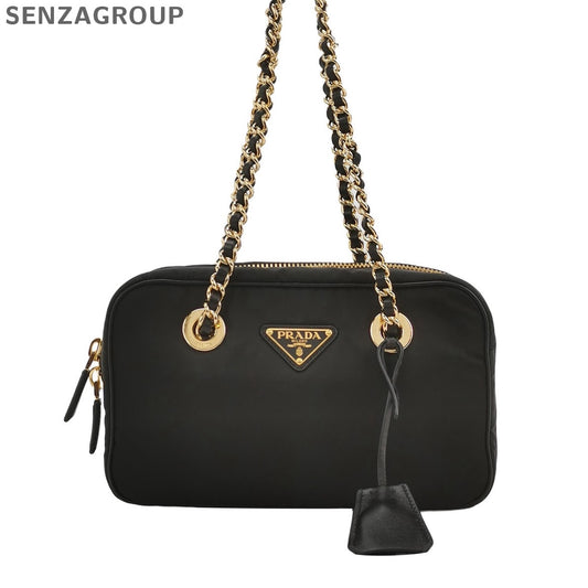 Prada Nylon Bowling Bag with Chain Strap Black Gold Classic Women's