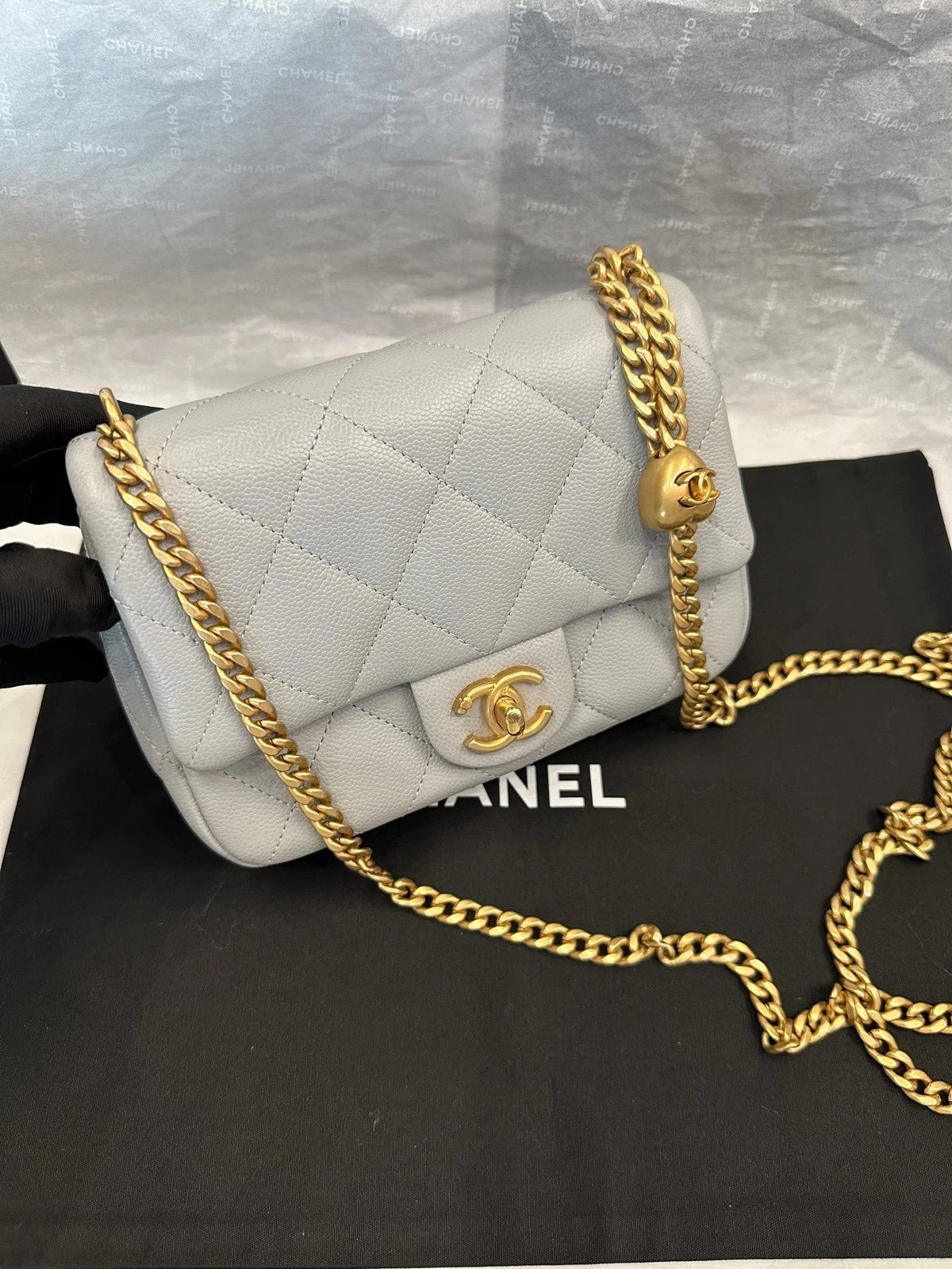 CHANEL Heart 20cm Gray Leather Crossbody Bag For Women