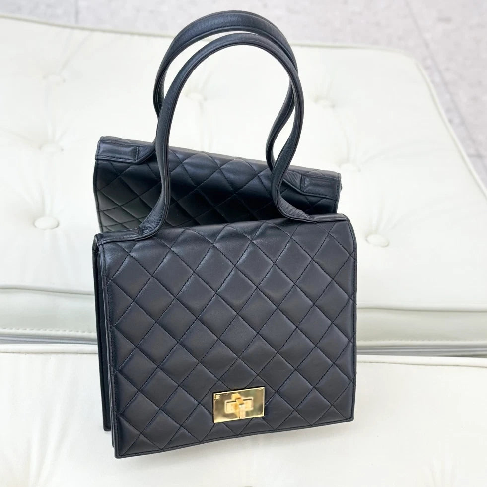 Chanel Vintage Lambskin Diamond Top Handle Bag Black Gold Hardware Women S
